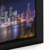 Close-up of textured black wall art featuring a colorful Brisbane skyline on a framed canvas, ideal for living room decor.