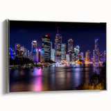 Vintage poster art of Brisbane scenery on extra large framed canvas, featuring colorful art against a black background.