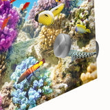 Large abstract depiction of the Great Barrier Reef in vibrant blues and greens on acrylic glass.