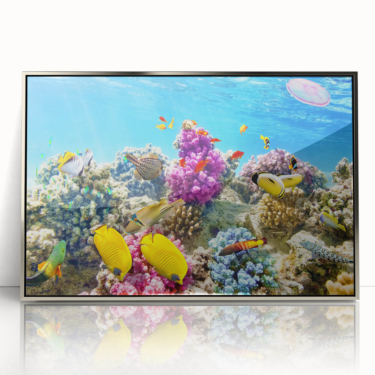 Mid-century modernist art depicting the Great Barrier Reef in vibrant blues and greens on a framed acrylic print.