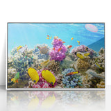 Acrylic print of the Great Barrier Reef in pastel shades, framed in white, suitable for modern nursery decor.