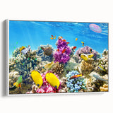 Vintage poster art of the Great Barrier Reef on a framed canvas, featuring vibrant marine colors.