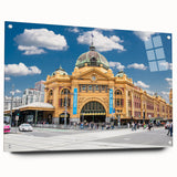 Acrylic print of Melbourne skyline in muted blue and gray tones, suitable for modern bedroom or dining room decor.