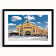 Extra large abstract art print of Melbourne scenery with vivid color palette on textured canvas, framed in black.
