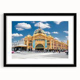 Extra large abstract art print of Melbourne scenery with vivid color palette on textured canvas, framed in black.