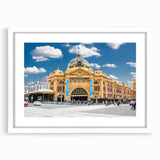 Extra large abstract art print of Melbourne scenery in muted earth tones on a white framed canvas.
