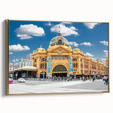 Framed canvas landscape art painting of Melbourne with colorful skyline and black border, ideal for living room decor.