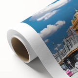 Art Deco poster of Melbourne skyline in pastel shades on rolled canvas, suitable for nursery wall art.