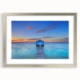 Abstract art print of Perth scenery in muted blue and silver, framed with a mat, ideal for dining room decor.