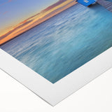 Art deco poster featuring the Perth skyline in muted blue and gray tones on a rolled canvas.