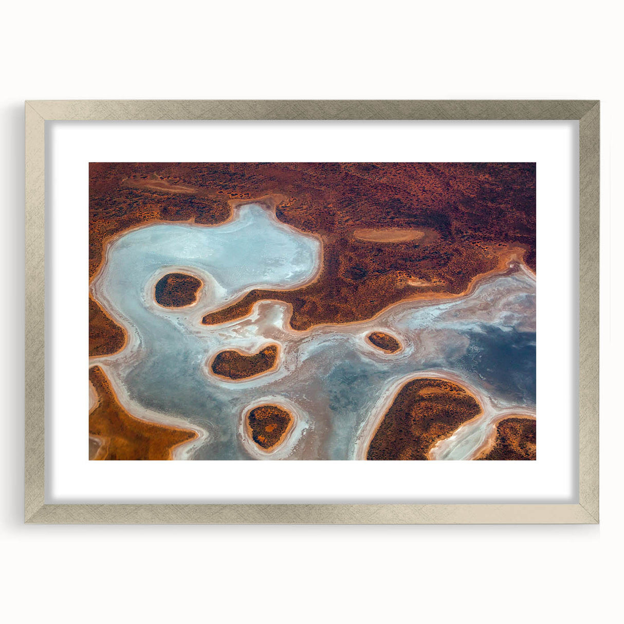 Abstract art print of Queensland scenery in muted earth tones on a framed silver mat, ideal for dining room decor.