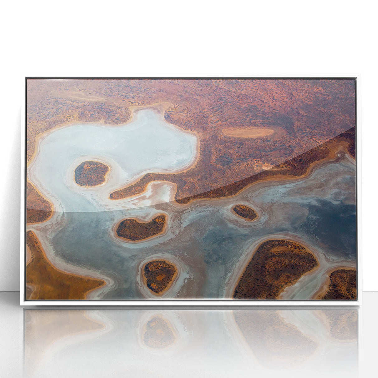 Large art print of Queensland scenery in a white acrylic frame, featuring mid-century modernist style.