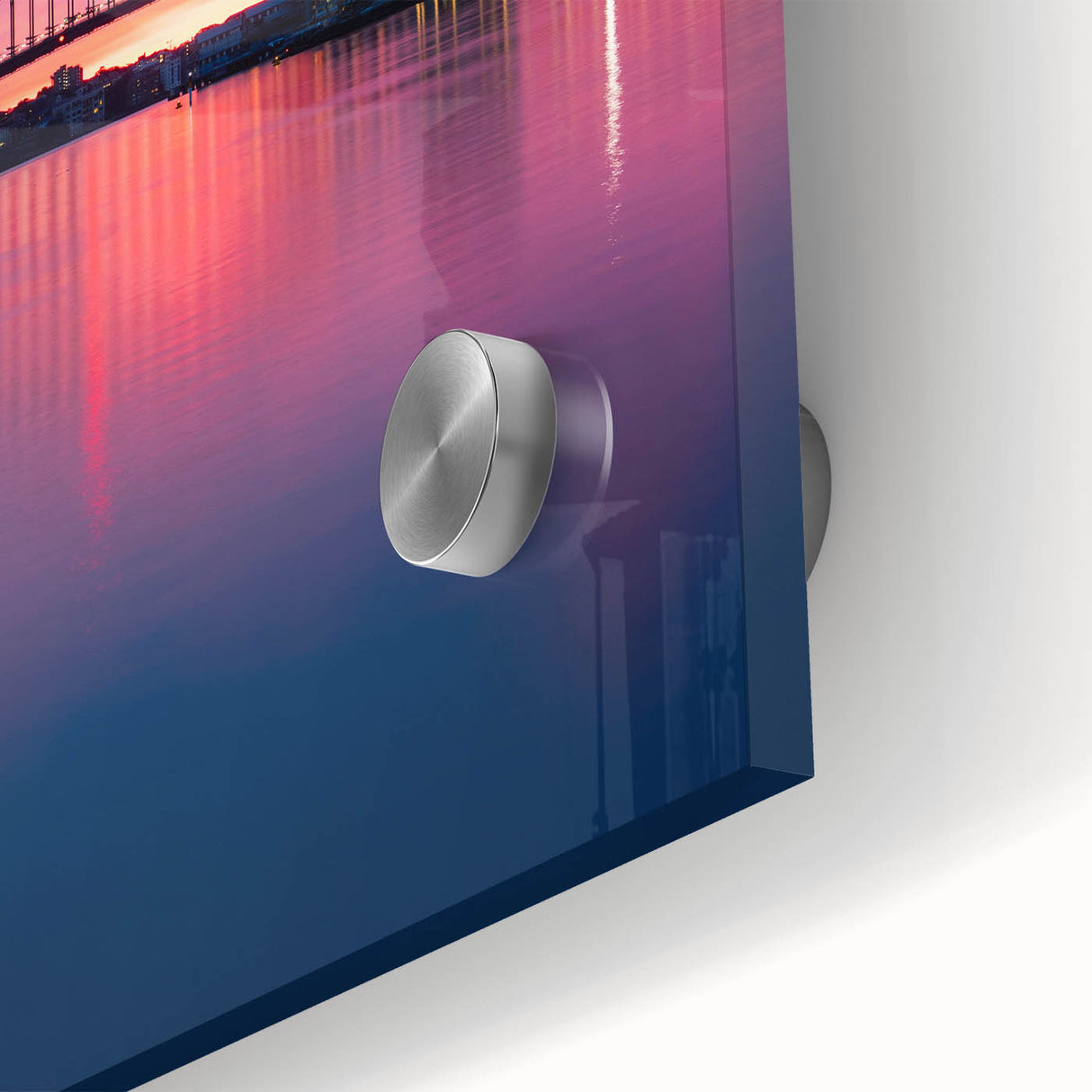 Large abstract depiction of Sydney skyline in muted blue and gray tones on acrylic glass, ideal for dining room art.