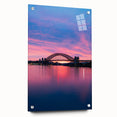 Acrylic print of Sydney skyline in muted blue and gray tones, ideal for modern bedroom or dining room decor.