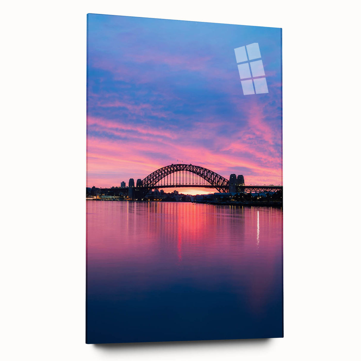 Acrylic print of a large abstract depiction of Sydney skyline in blue and gray tones.