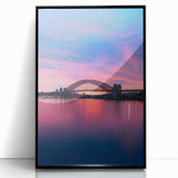 Large abstract wall art of Sydney's skyline in muted gray and blue tones on a framed acrylic print.