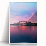 Mid-century modernist art depicting Sydney skyline in muted blue tones on a framed acrylic, ideal for nursery wall decor.