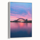 Vintage poster art of Sydney skyline on extra large framed canvas, featuring vibrant colors against a black background.