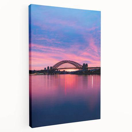 Sydney skyline on large stretched canvas with soft blue and gray tones, suitable for kitchen wall art.