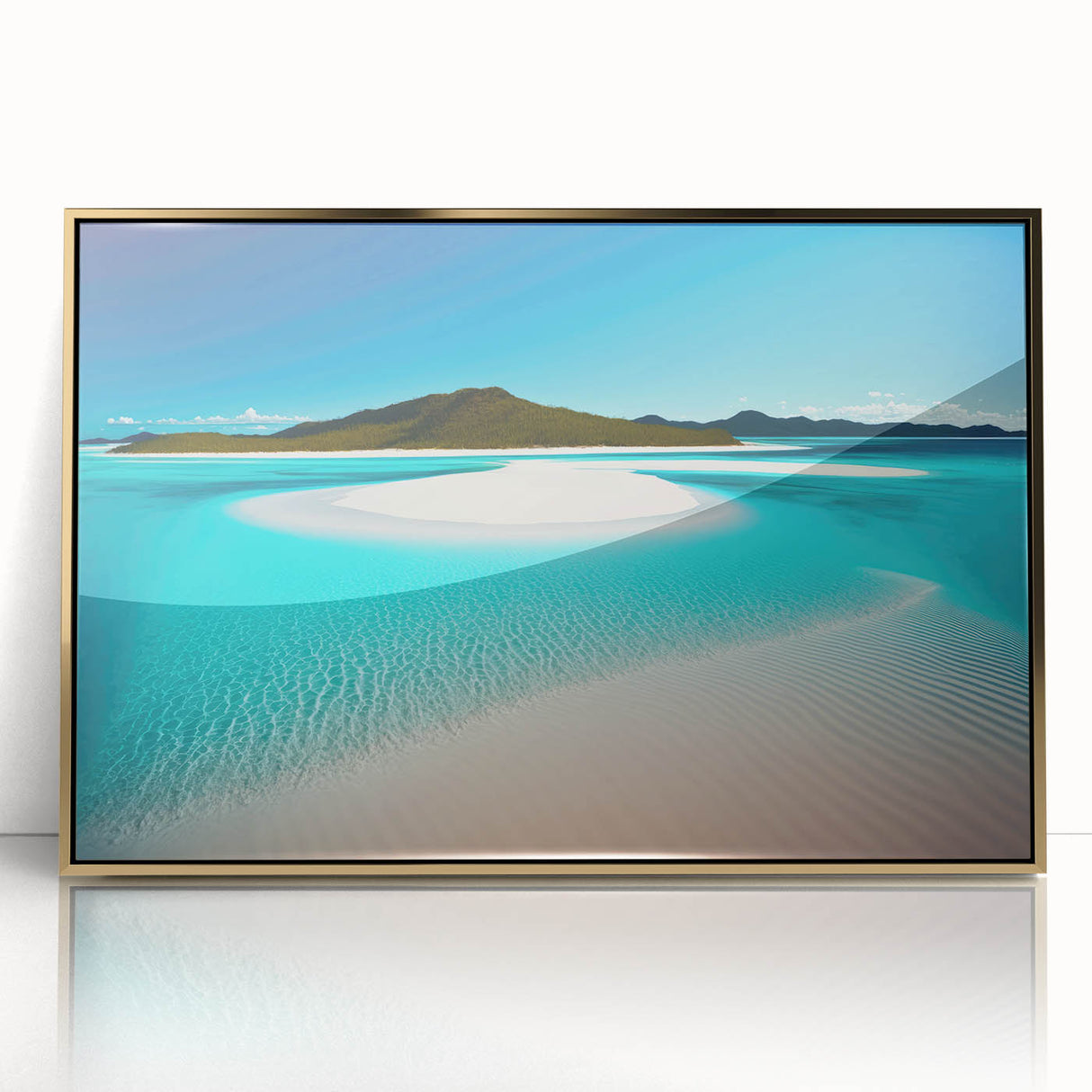 Art deco poster of an Australian landscape in muted gold and green tones, framed acrylic, suitable for modern art wall decor.