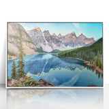 Acrylic print of a serene Alberta, Canada landscape in muted colors, framed in white.