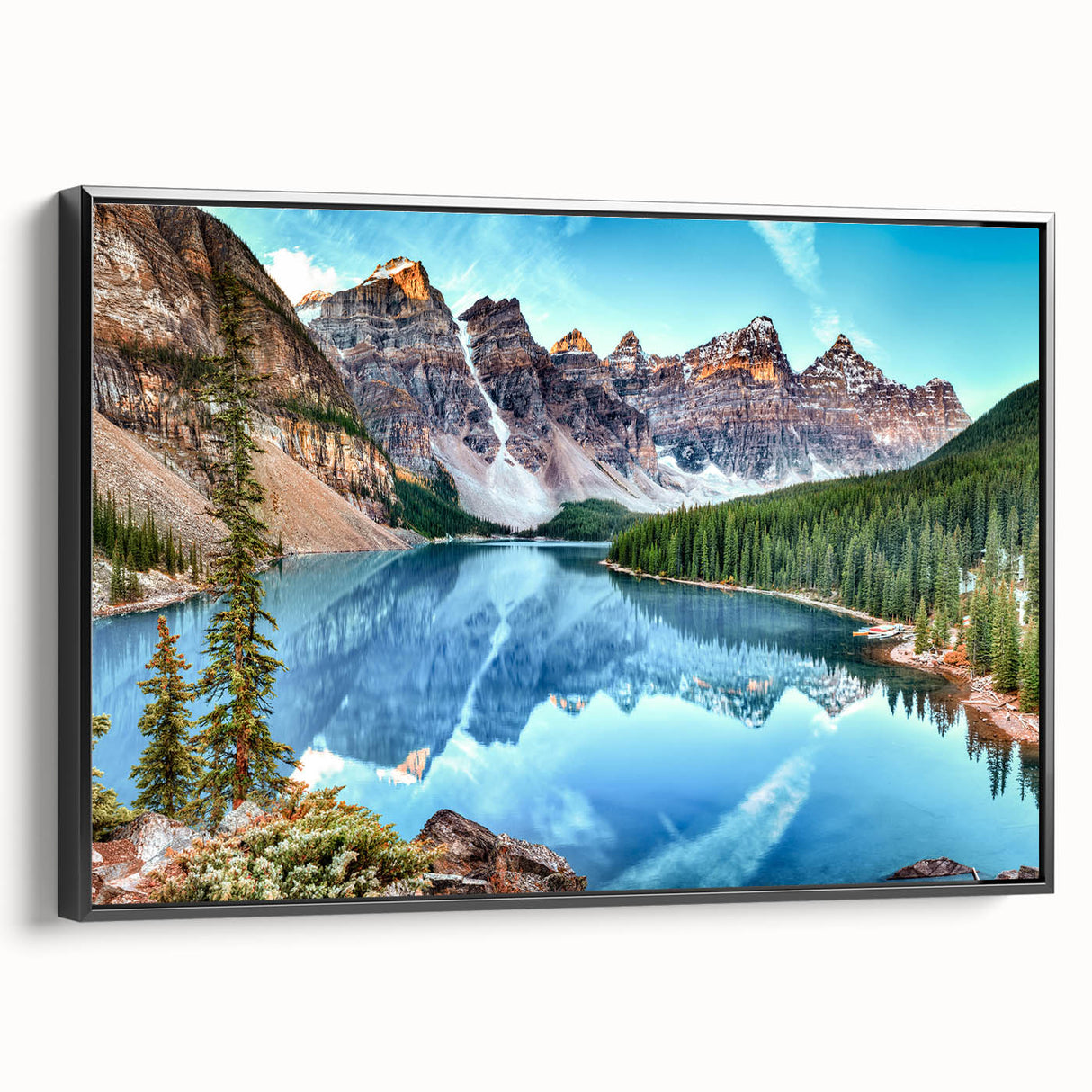 Black and white framed canvas featuring a vintage-style landscape painting of Alberta, Canada, ideal for bedroom decor.