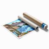 Rolled print of Alberta, Canada scenery with lush greenery and mountains, in muted earth tones.