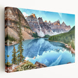 Landscape view of Alberta, Canada on a stretched canvas, featuring soft blue and green hues, ideal for kitchen wall art.