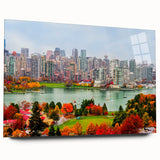 Acrylic print of a large abstract depiction of British Columbia scenery in muted earth tones.