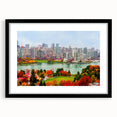 Extra large framed wall art of a colorful, abstract depiction of British Columbia scenery, ideal for living room decor.