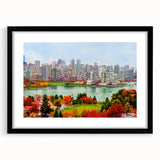 Extra large framed wall art of a colorful, abstract depiction of British Columbia scenery, ideal for living room decor.