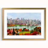 Extra large abstract art print depicting a textured Canadian landscape in muted earth tones, framed in gold.