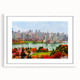 Abstract art print of British Columbia scenery in muted blue and green tones on a framed canvas.