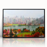 Large abstract wall art featuring a serene British Columbia landscape in muted green and blue tones, framed in black acrylic.