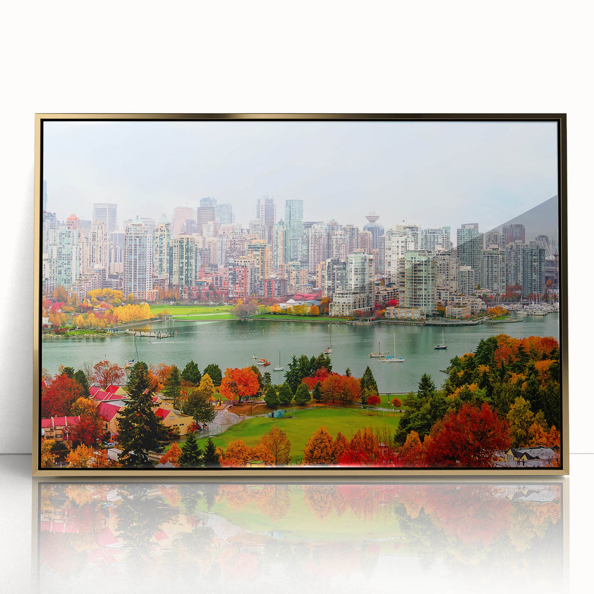 Acrylic print of British Columbia scenery with gold frame, in mid-century modernist style, suitable for modern decor.