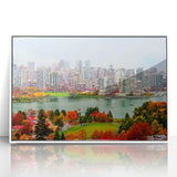 Acrylic print of British Columbia scenery in art deco style, featuring muted greens and blues.