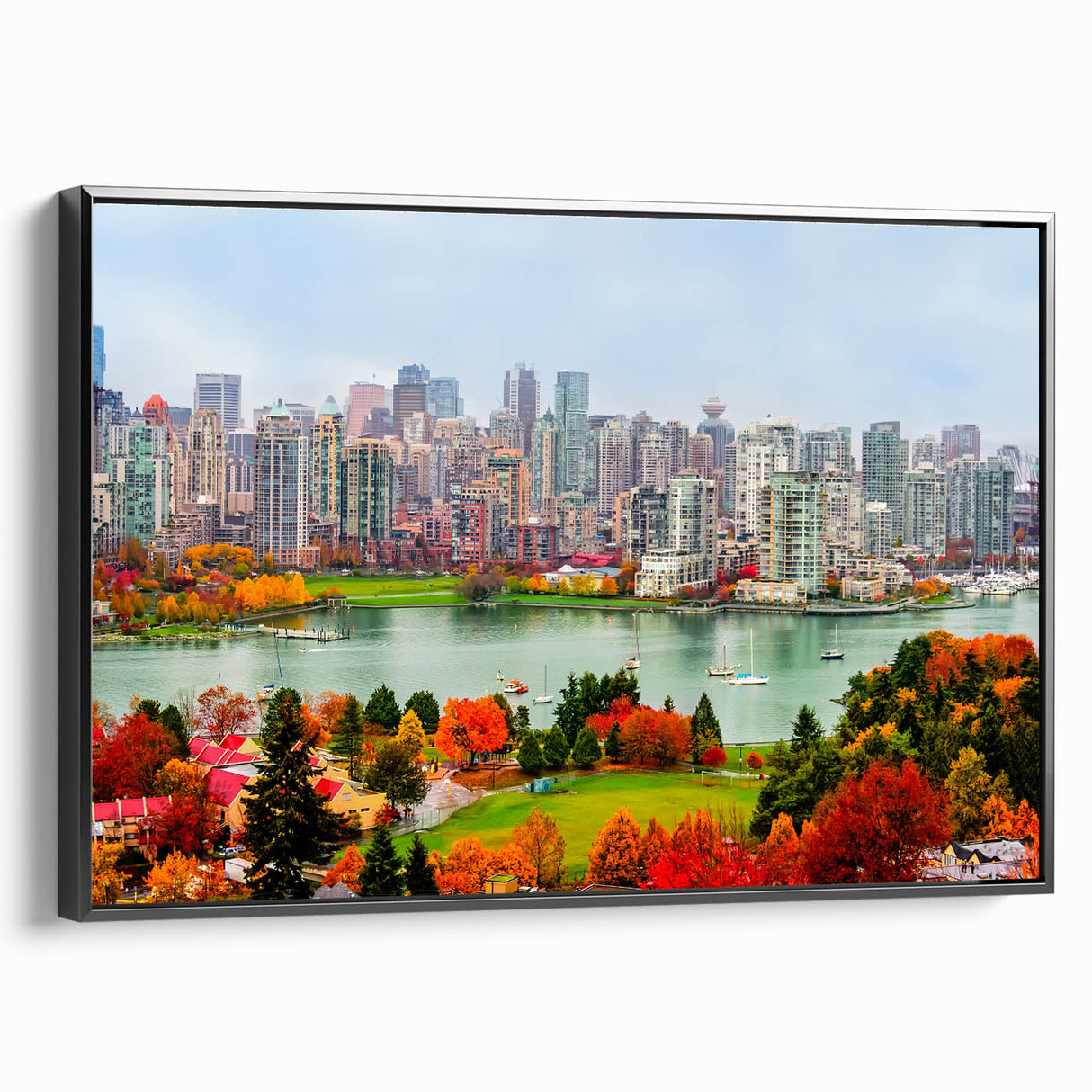 Black and white framed canvas of British Columbia landscape, ideal for bedroom wall art.