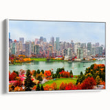 Vintage poster art of British Columbia scenery on a framed canvas, featuring a colorful palette, ideal for living room decor.
