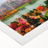 Art deco poster of British Columbia scenery in muted green and blue tones on rolled canvas.