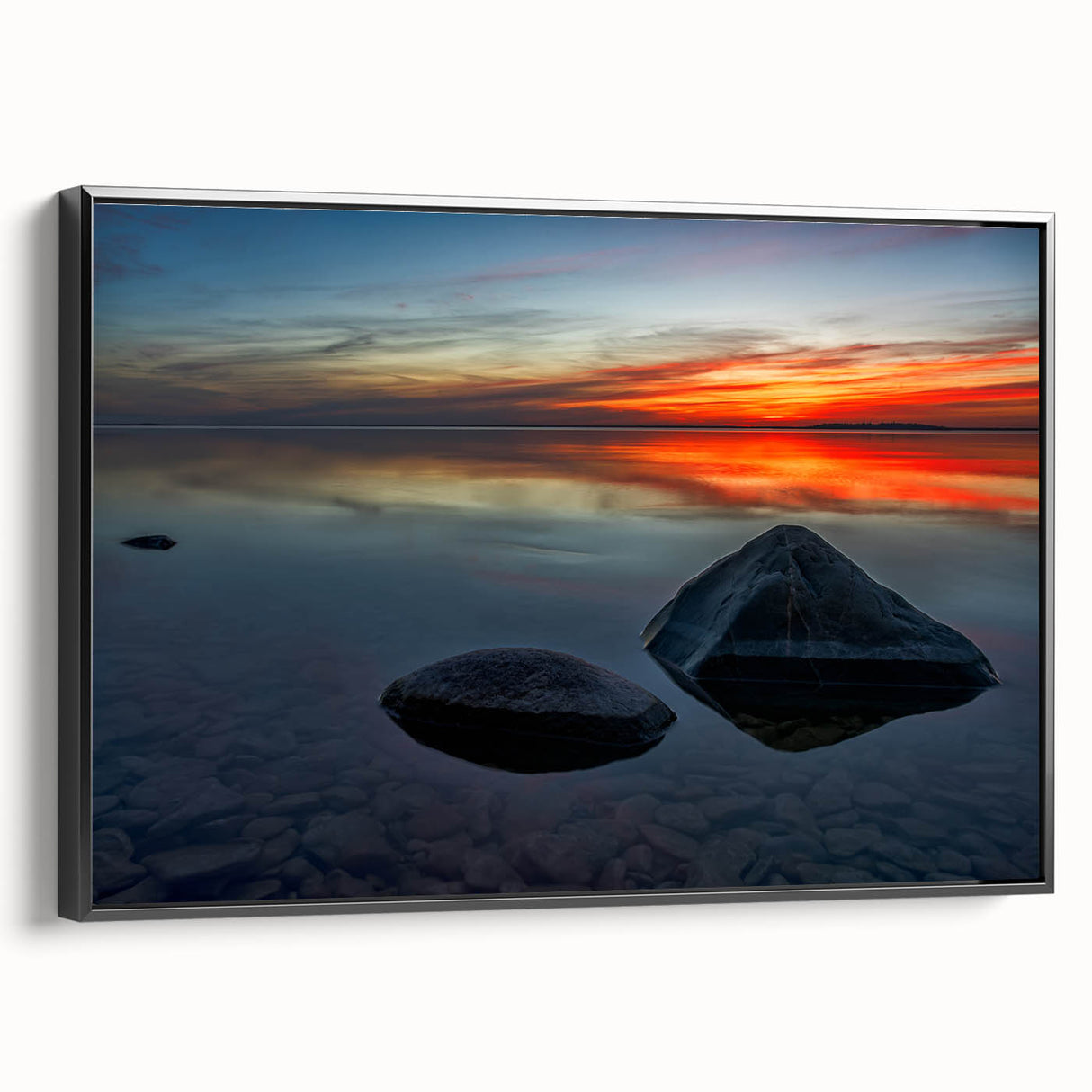 Black and white framed canvas of a Manitoba landscape, ideal for bedroom wall decor.