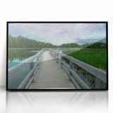 Large abstract wall art depicting a serene New Brunswick landscape in cool blue and green tones, framed in black acrylic.