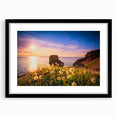Extra large abstract art print of colorful, textured scenery of Newfoundland on a framed canvas with black mat.
