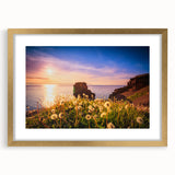 Extra large framed wall art of an abstract Newfoundland scenery in textured gold and blue tones, ideal for living room decor.