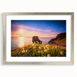 Textured abstract art print of a Newfoundland scenery in muted earth tones, framed with a silver mat.