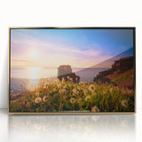 Large acrylic print of a Newfoundland landscape in muted earth tones, framed in gold, suitable for modern art wall decor.