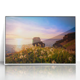 Acrylic print of a Newfoundland landscape in muted greens and blues, framed in white, suitable for modern art wall decor.