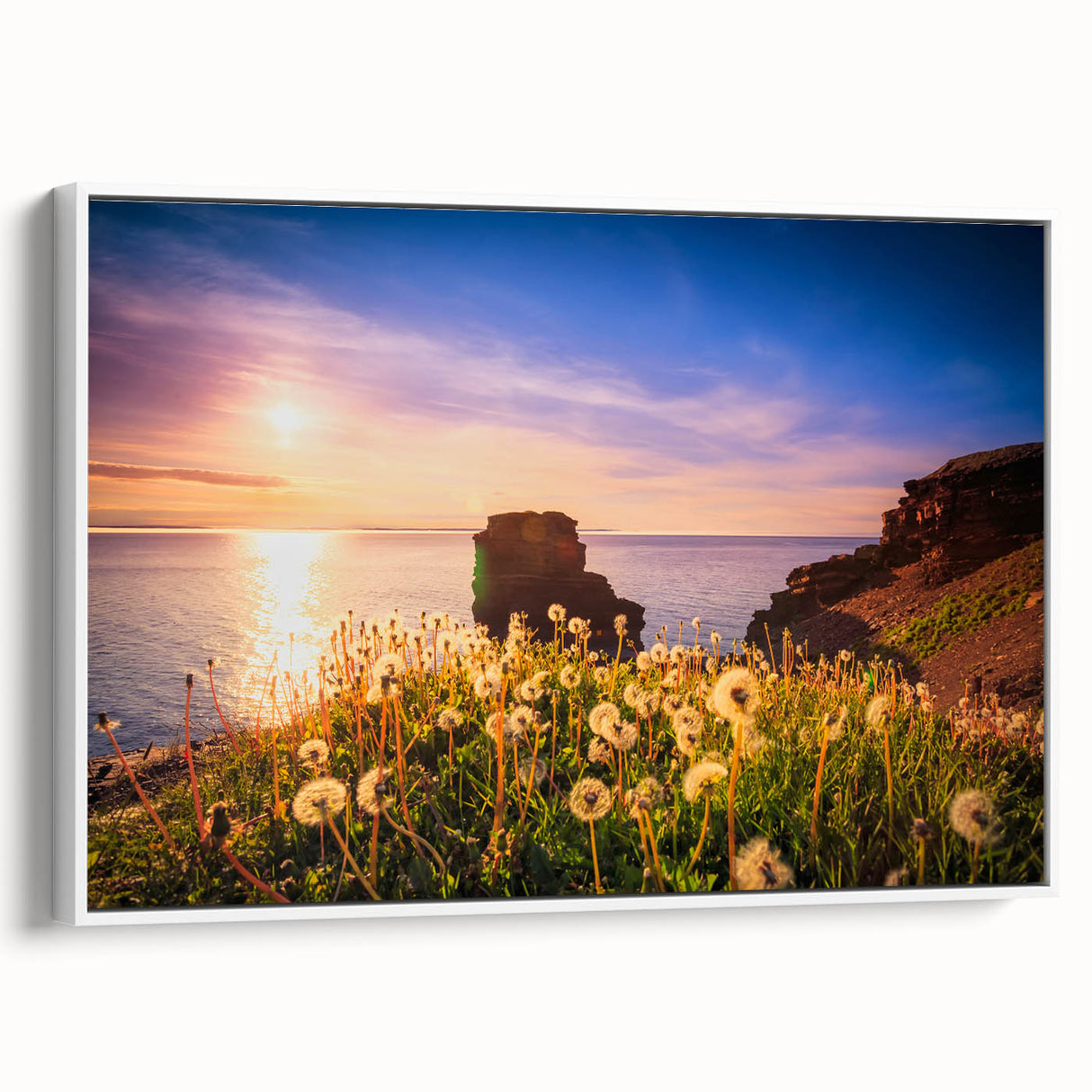 Vintage poster art of Newfoundland scenery in vibrant colors on a framed canvas, ideal for living room decor.