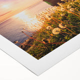 Art deco poster featuring a serene Newfoundland landscape in muted green and blue shades on rolled canvas.