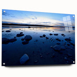 Large abstract wall art of the Northwest Territories on acrylic glass, in cool blue and gray tones.