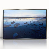 Mid-century modernist acrylic print of Northwest Territories scenery in silver frame, ideal for nursery wall art.